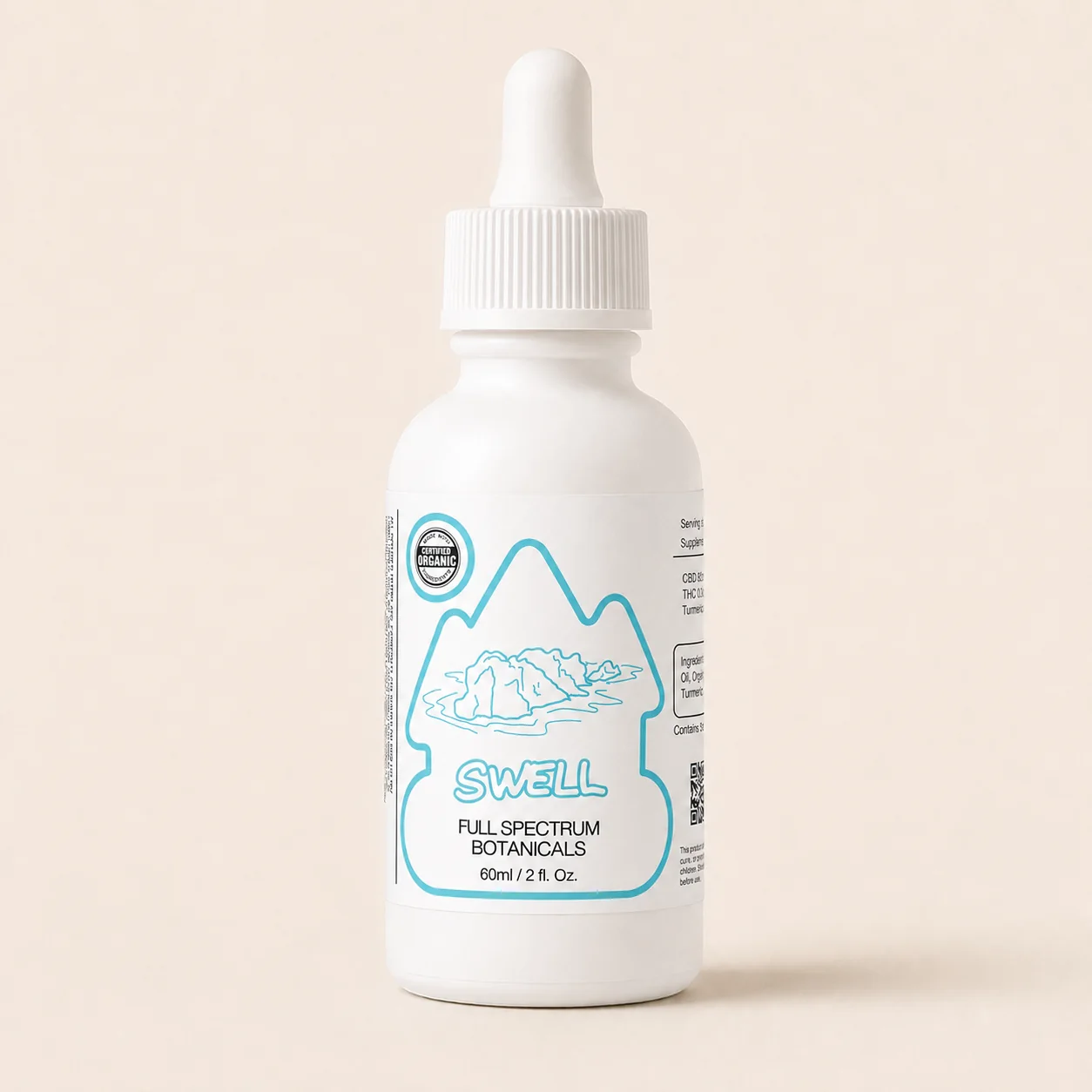 Swell — white 60ml dropper bottle with a cyan iceberg label